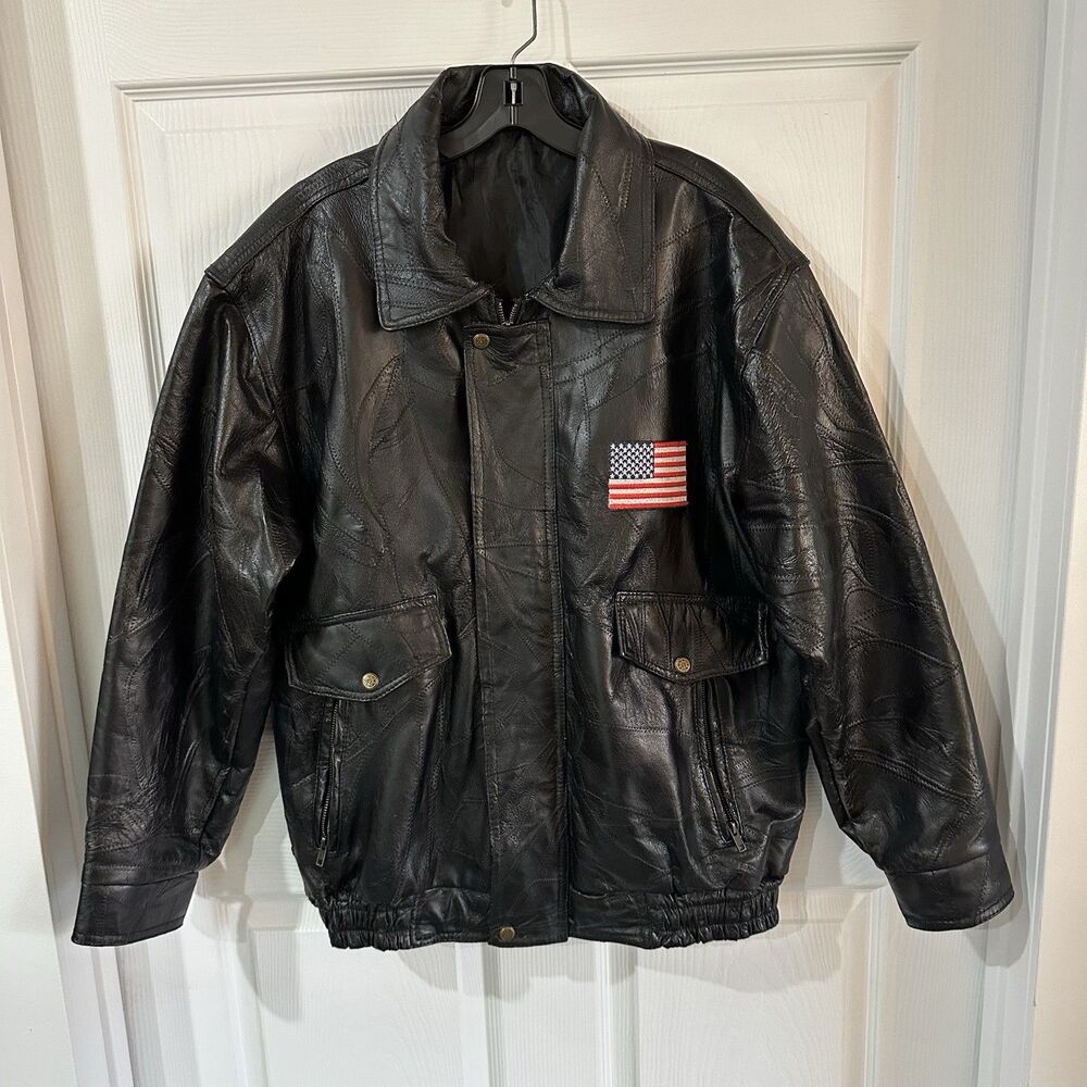 Mens L Blk Leather Patch Pattern Bomber Jacket God Bless AMERICA USA Flag Eagle
